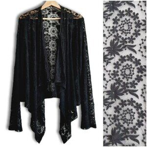 HARD TAIL Lace & Mesh Sheer Floral Embroidery Waterfall Open Front Cardigan Sz S